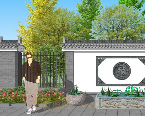 中式庭院花园景墙水缸