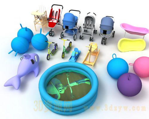 儿童玩具 儿童母婴用品3d模型 婴儿车 滑板车 儿童餐椅洗澡盆 健身球