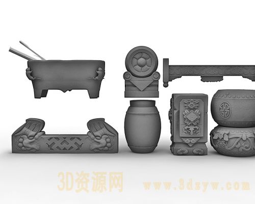中式抱鼓石柱凳雕塑挂落组合模型