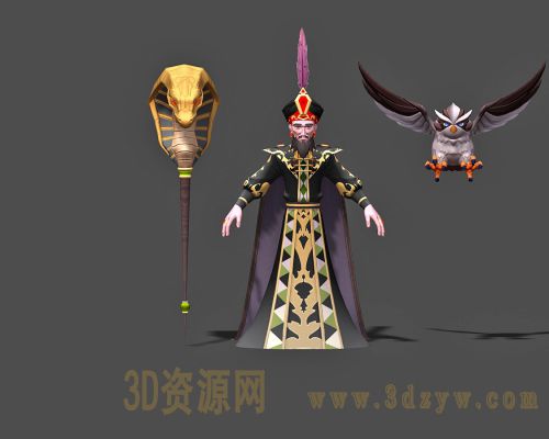 大魔法师3d模型 魔法师人物模型  法师蛇杖  卡通猫头鹰