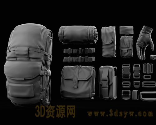士兵背包袋子手套装备C4D模型 背包模型 手套模型